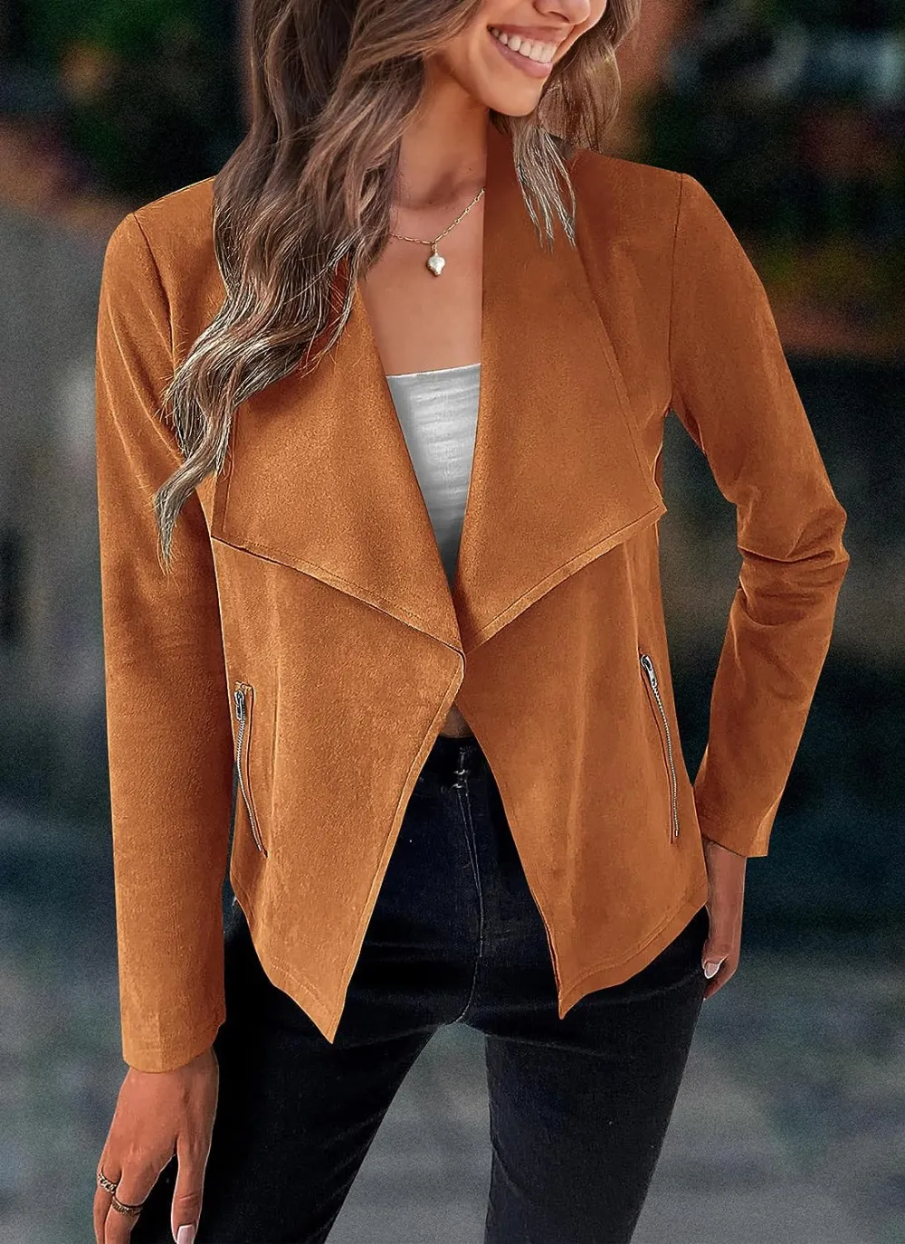 Women's Faux Suede Jackets 2023 Fall Clothes Long Sleeve Open Front Cropped Coat Outwear