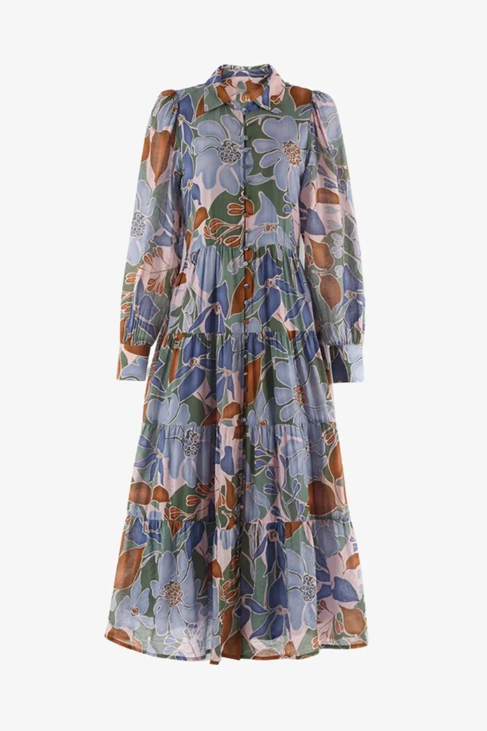 Khaki Floral Long Sleeve Tiered Shirt Maxi Dress