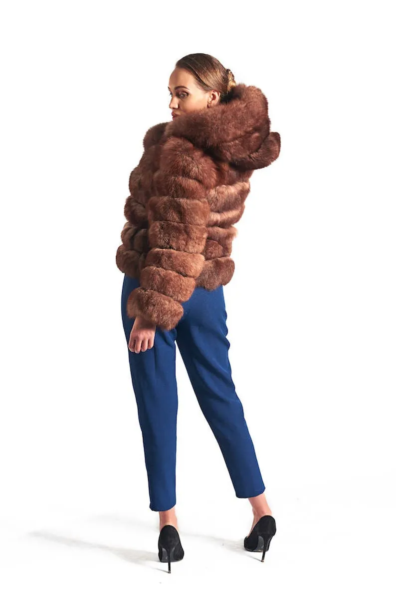 Brown  Fox Fur Coat Women's Hooded