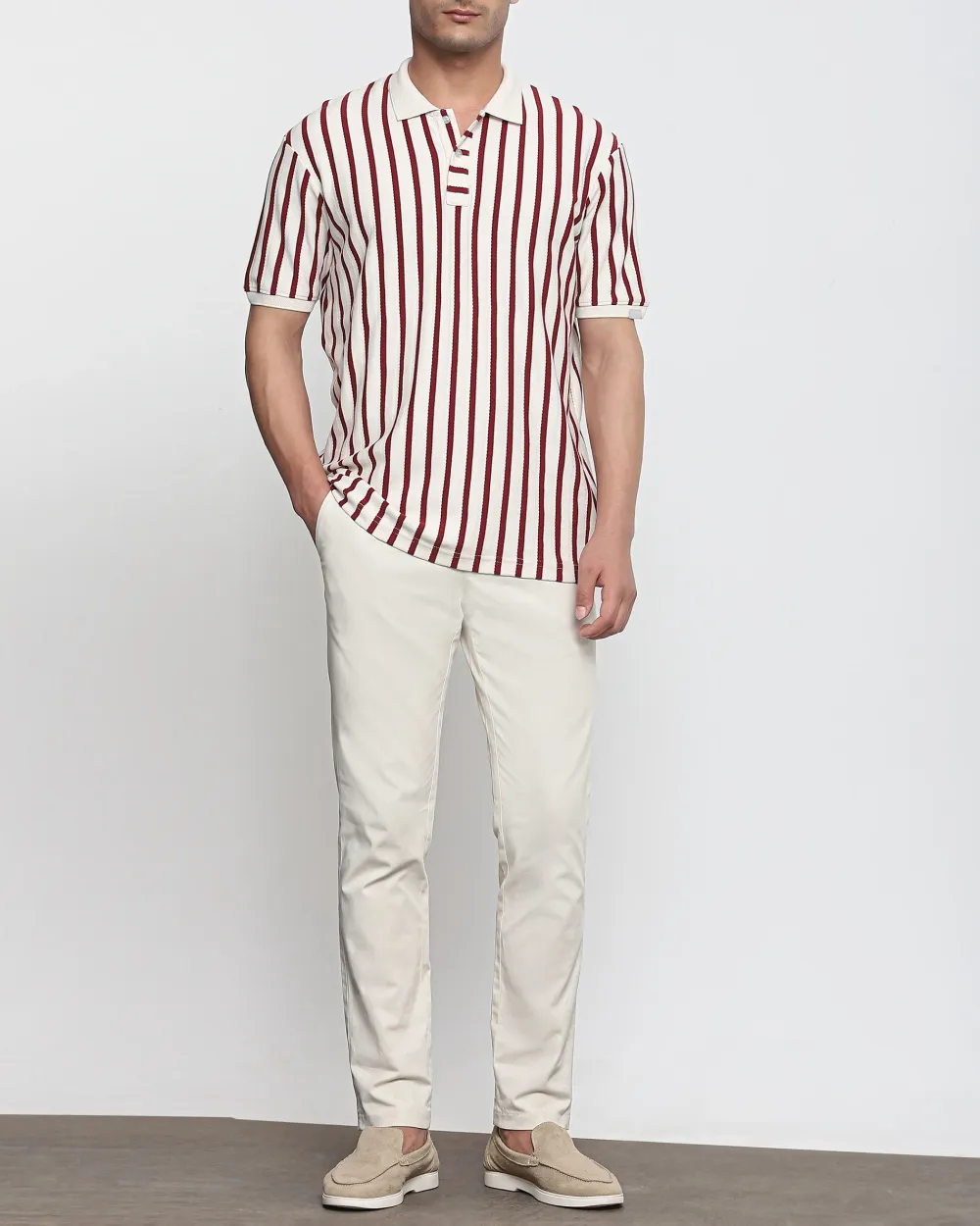 Daily Simple Maroon Striped Textured  Polo Shirt