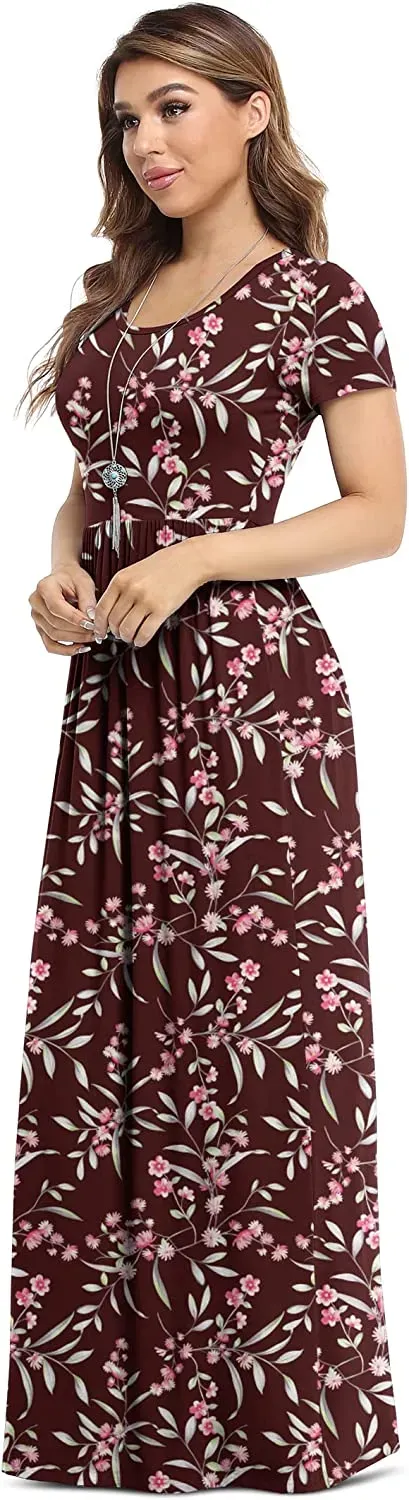 Women's Short Sleeve Loose Plain Maxi Dresses Casual Long Dresses with Pockets