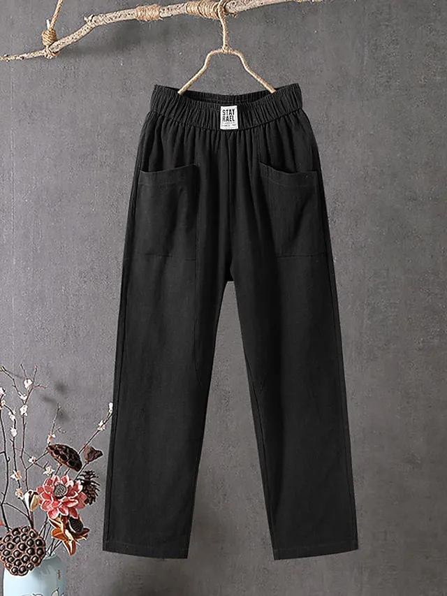 Women's Slacks Baggy Cropped Pants Linen Plain Pocket Baggy Ankle-Length Micro-elastic Mid Waist Streetwear Casual Vacation Casual Daily Black White S M Summer Spring