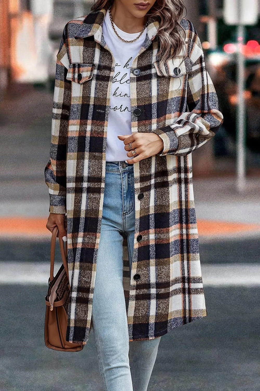 Women's Plaid Shacket 2023 Long Sleeve Button Up Flannel Shirt Winter Tartan Jacket Woolen Coats