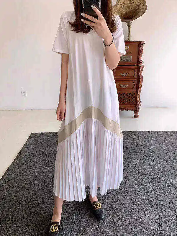 Original Pleated Splicing Loose Short Sleeve Round-Neck Dress