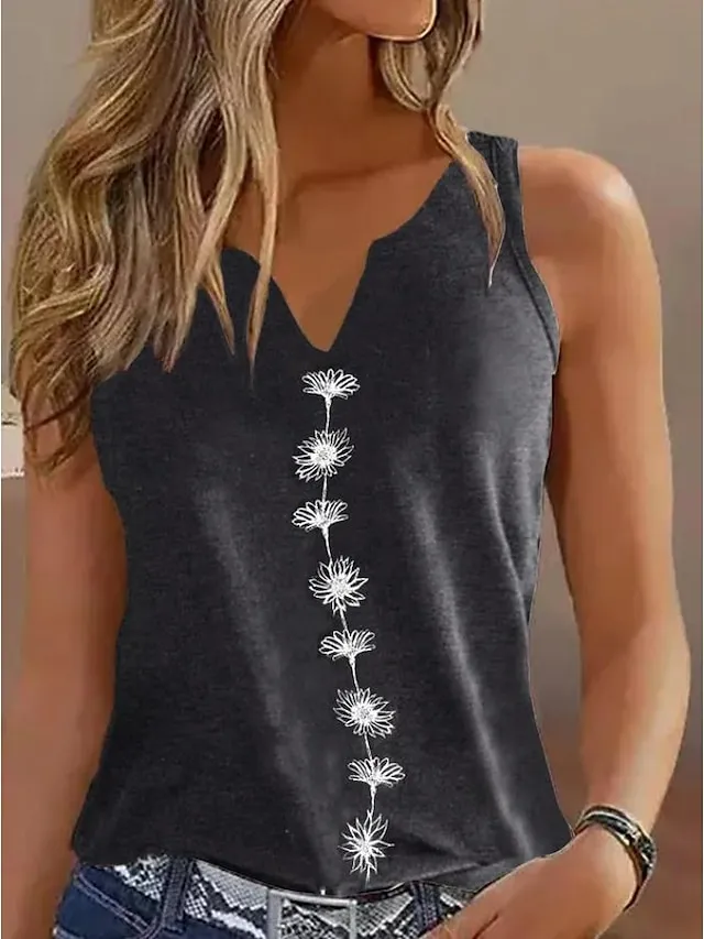 Women's Tank Top Black White Green Floral Print Sleeveless Casual Holiday Basic V Neck Regular Fit Floral