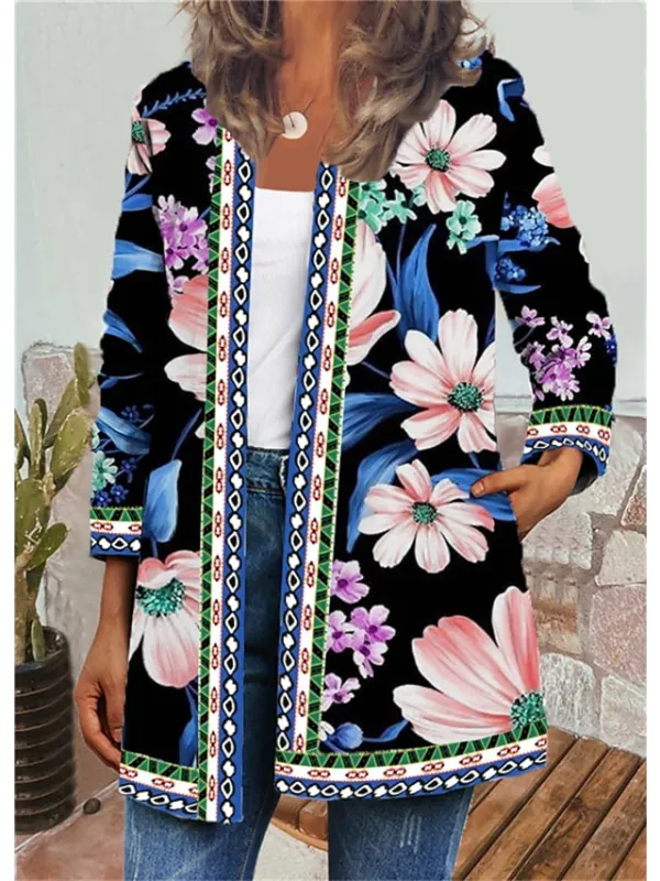 Women's Jacket Casual Jacket Floral Print Fall Regular Coat Round Neck Regular Fit Breathable Casual Jacket Long Sleeve Green Black Blue Daily Holiday