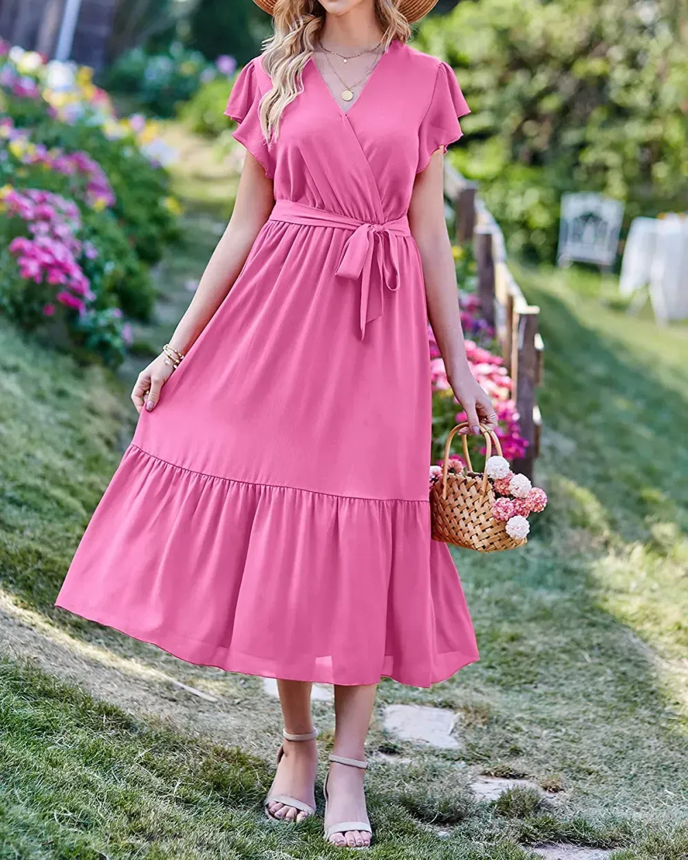 Women Summer Bohemian Floral Casual Wrap V Neck Ruffle Cap Sleeveless Belt A-Line Pleated Hem Swing Midi Sun Dress