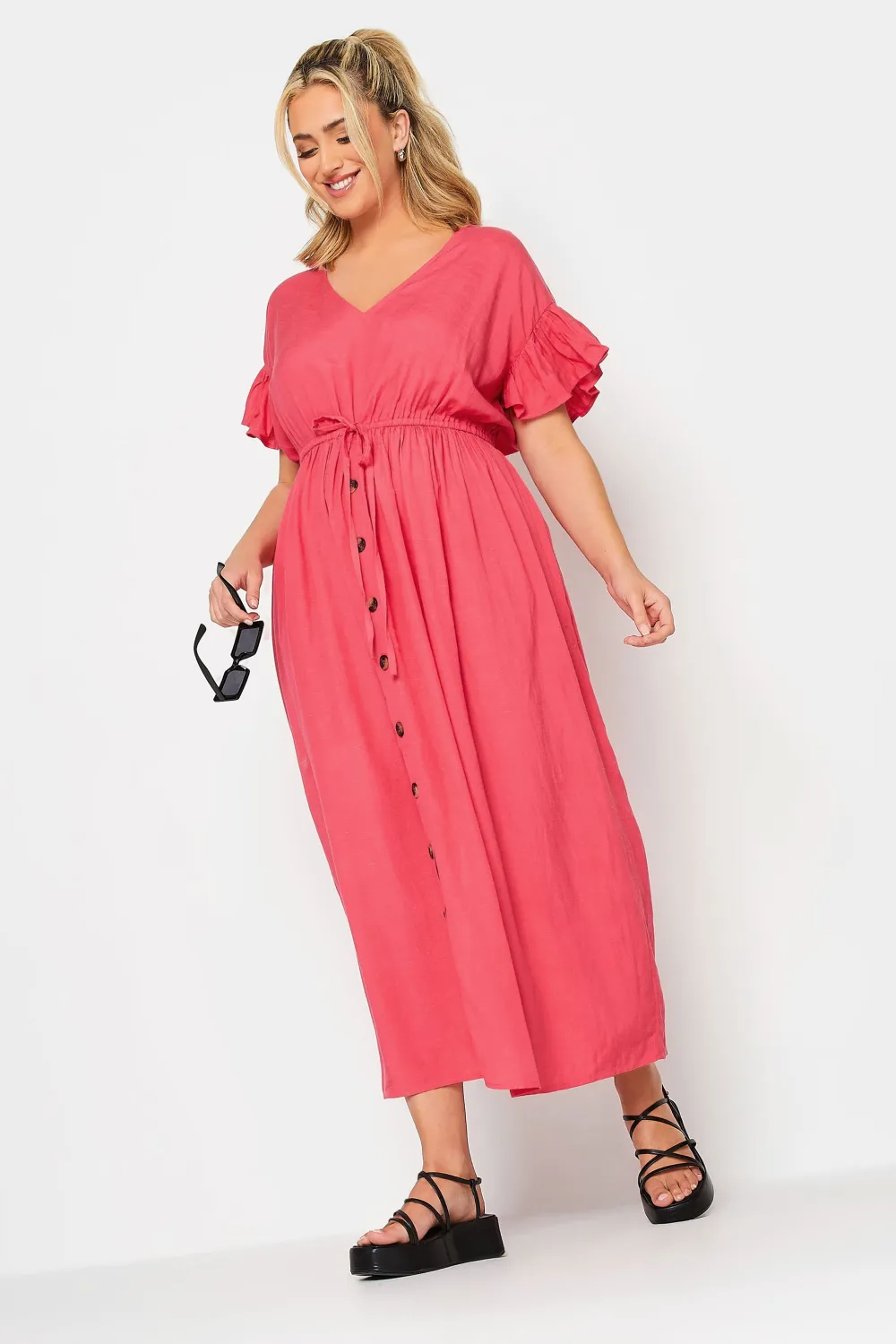 YOURS Curve Coral Pink Frill Sleeve Linen Maxi Dress