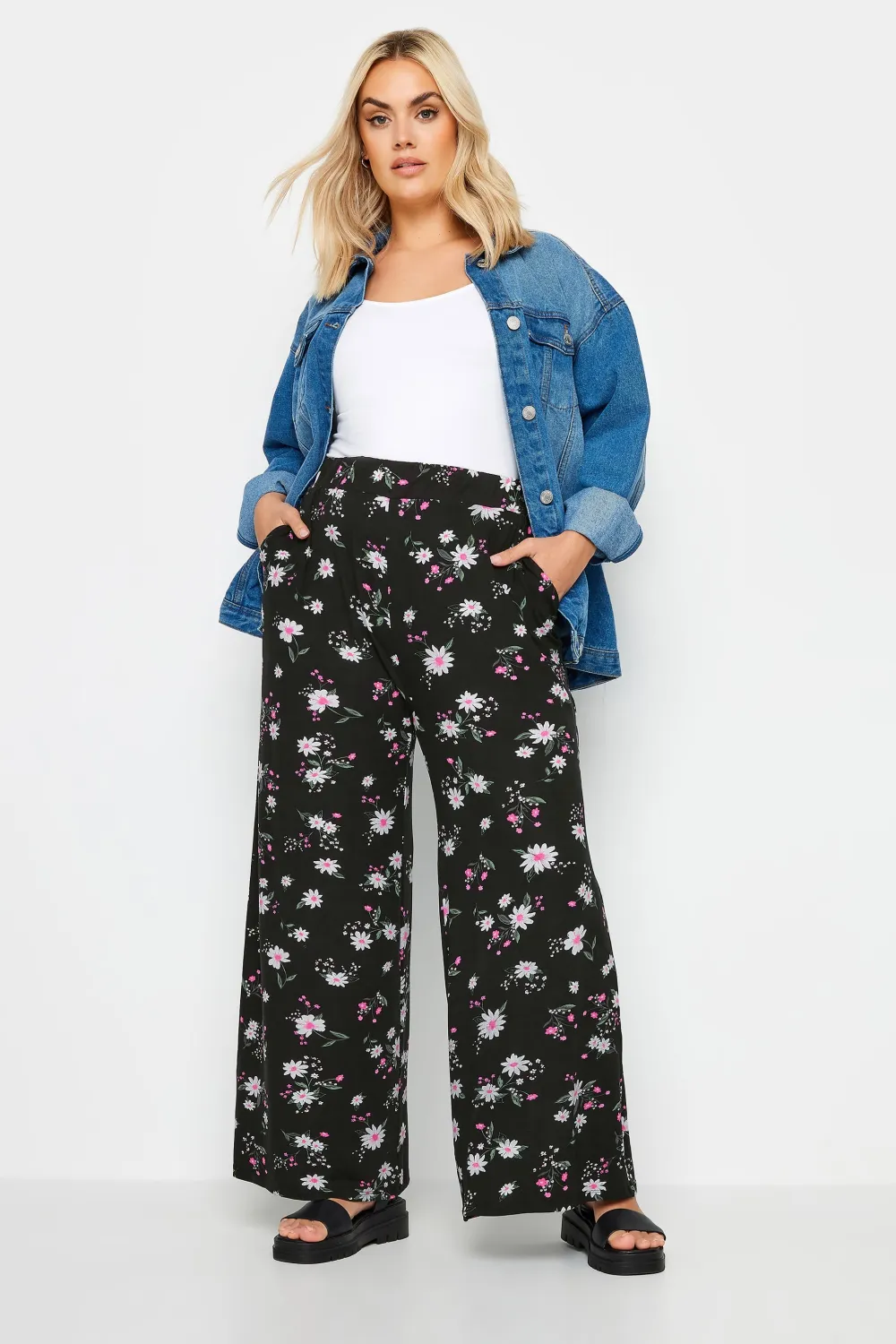YOURS Curve Black Leopard Print Wide Leg Trousers