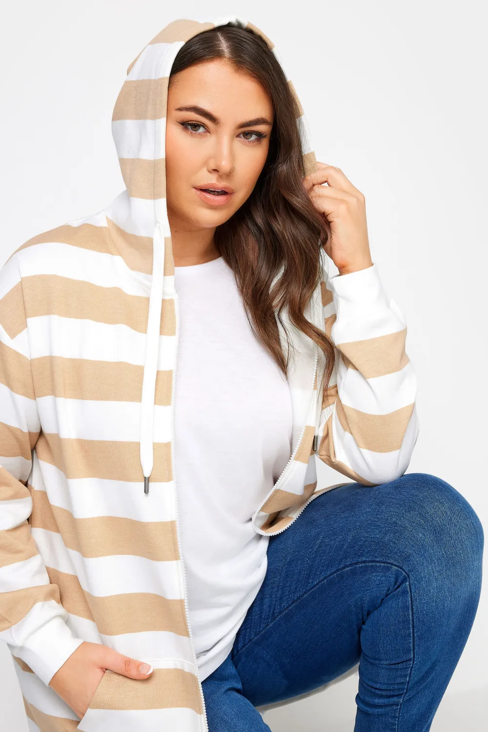YOURS Curve Brown Stripe Zip Through Hoodie