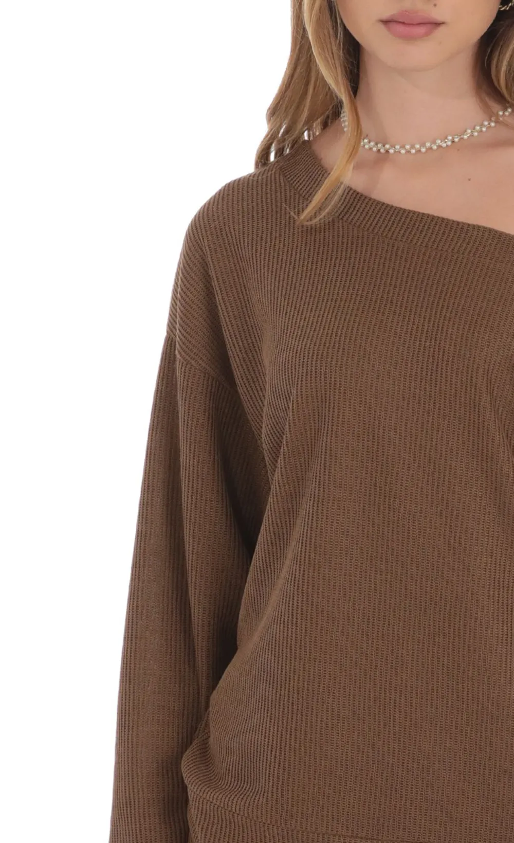 Off Shoulder Knit Oversized Jumper in Brown
