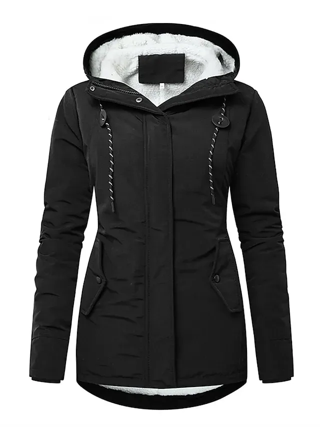 Women's Parka Fleece Lined Puffer Jacket Waterproof Windproof Winter Coat Fall Zipper Hooded Heated Jacket with Pocket Minimalism Outerwear Long Sleeve Black Army