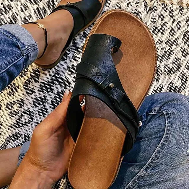 Women's Sandals Orthopedic Sandals Bunion Sandals Plus Size Daily Beach Summer Buckle Flat Heel Casual Faux Leather Loafer Solid Colored Black Brown Gray