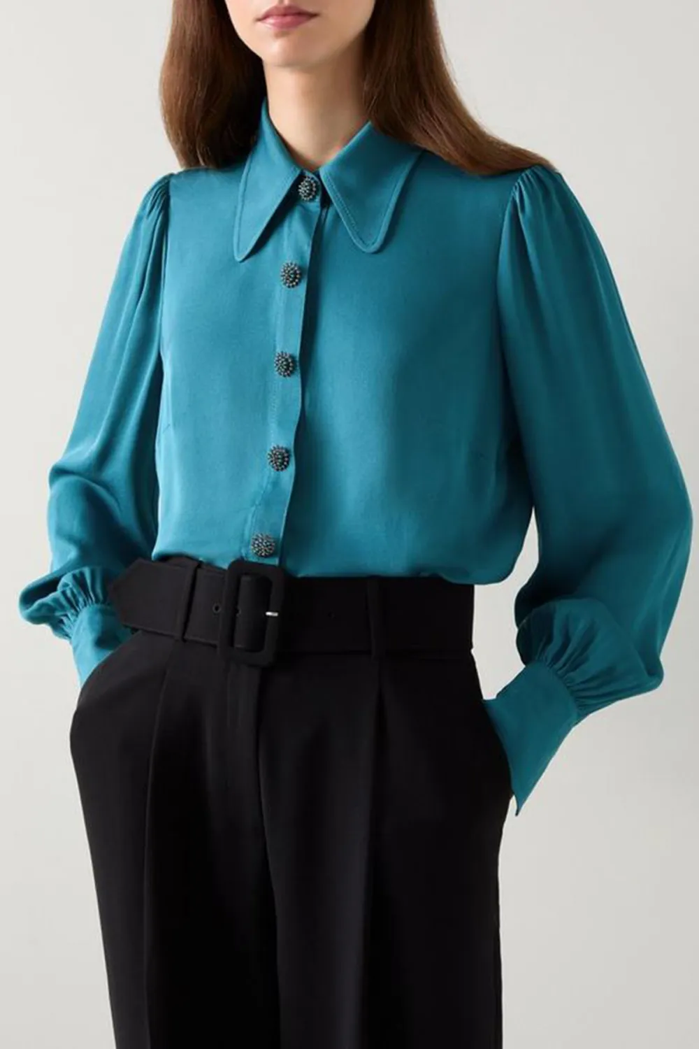 Teal Long Sleeve Button Down Silk Blouse