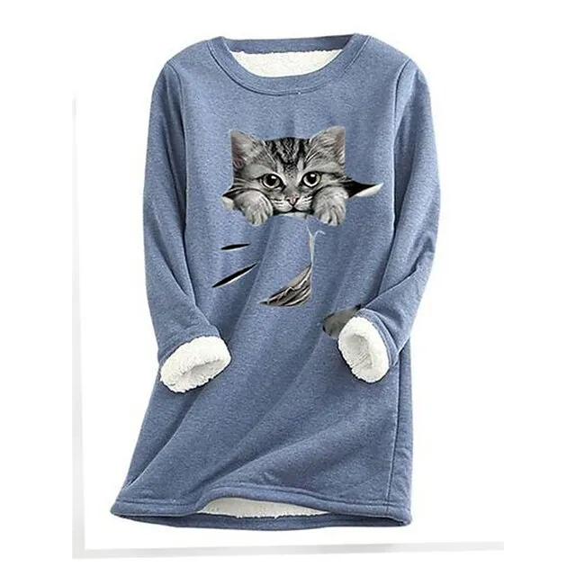 Women's Plus Size Sweatshirt Pullover Cat Teddy Sherpa Fleece Denim Blue Black White Street Casual Round Neck Long Sleeve Top Micro-elastic Fall & Winter
