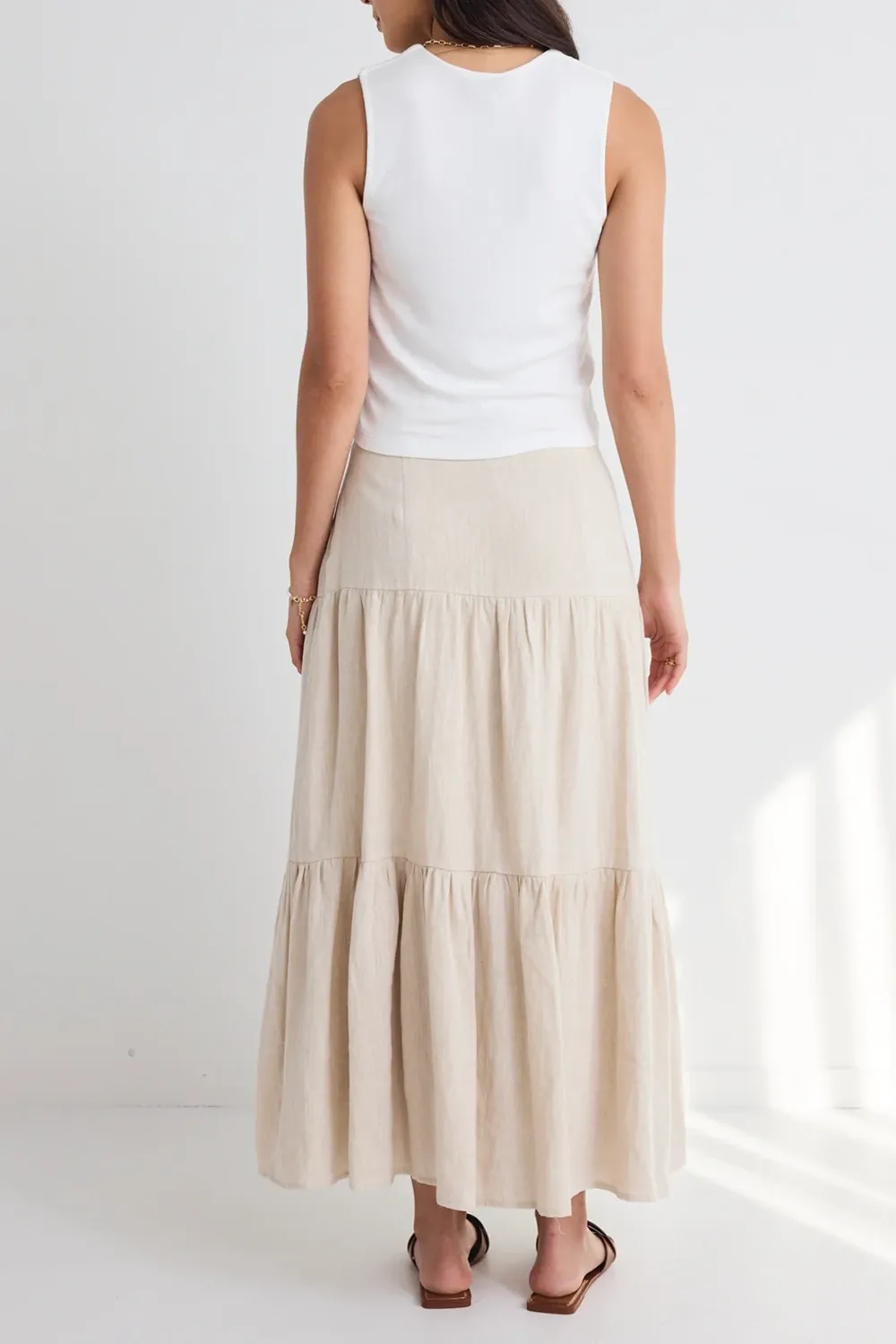 Tiered Linen Midi Skirt