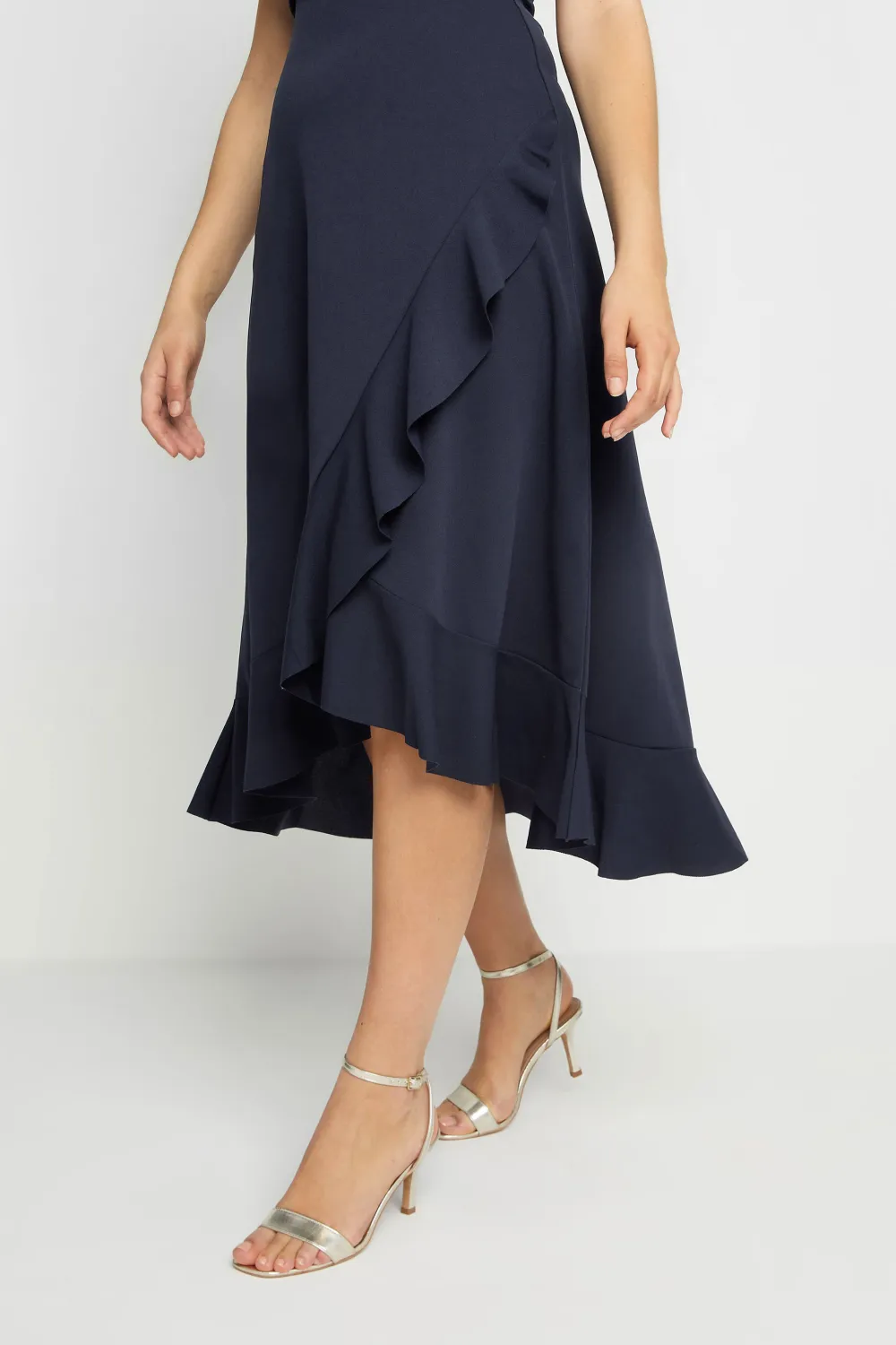 Navy Blue Frill Wrap Midi Dress