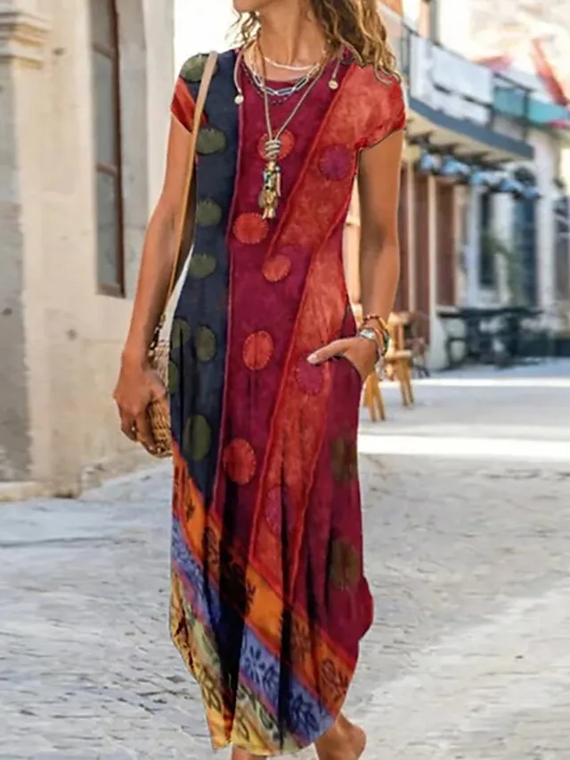 Women's Casual Dress Ethnic Dress Shift Dress Long Dress Maxi Dress Black Pink Wine Short Sleeve Floral Print Spring Summer Crew Neck Vintage Daily Vacation Weekend 2023 S M L XL XXL 3XL