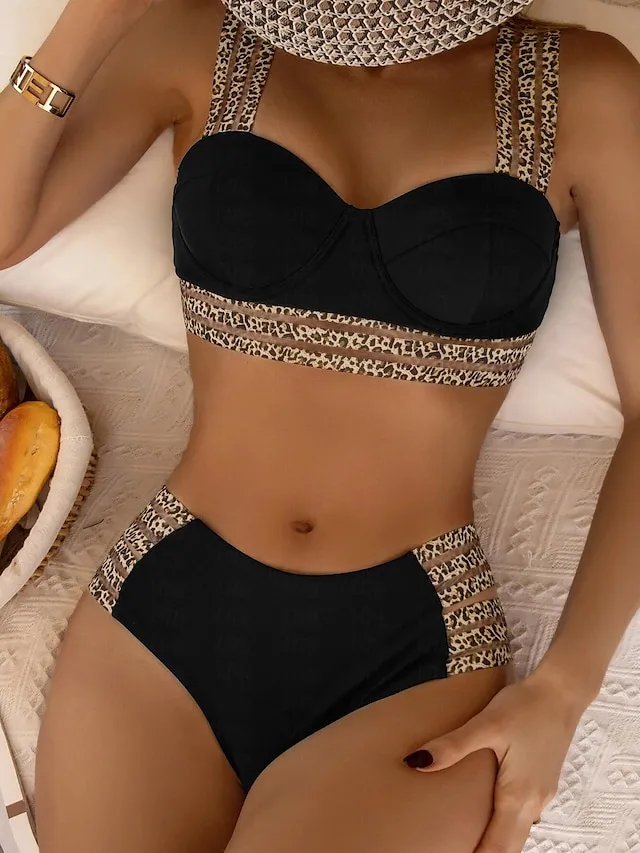 Women's Swimwear Bikini 2 Piece Normal Swimsuit 2 Piece Printing Leopard Black Bathing Suits Sports Beach Wear Holiday