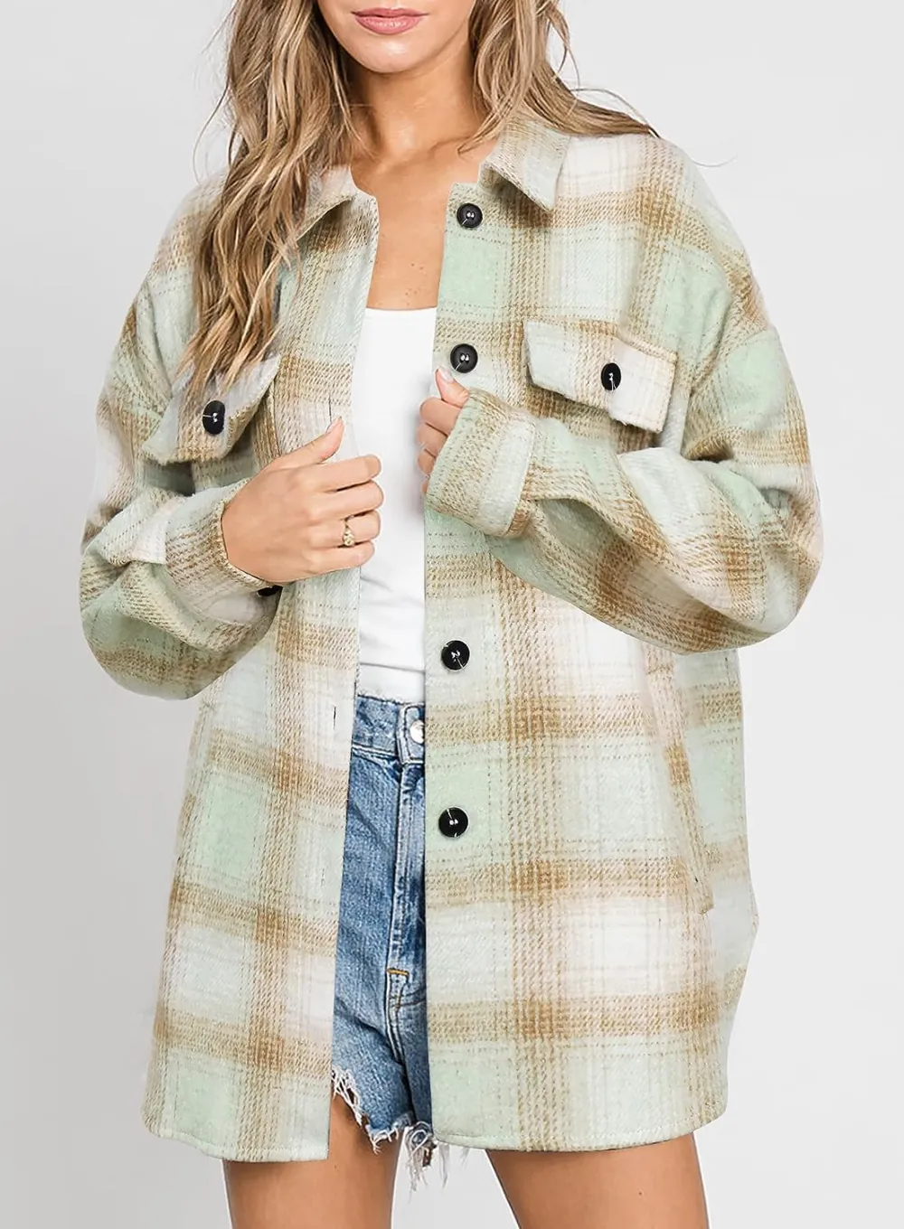 Women's Flannel Plaid Shacket Long Sleeve Button Down Chest Pocketed Shirts Jacket Coats