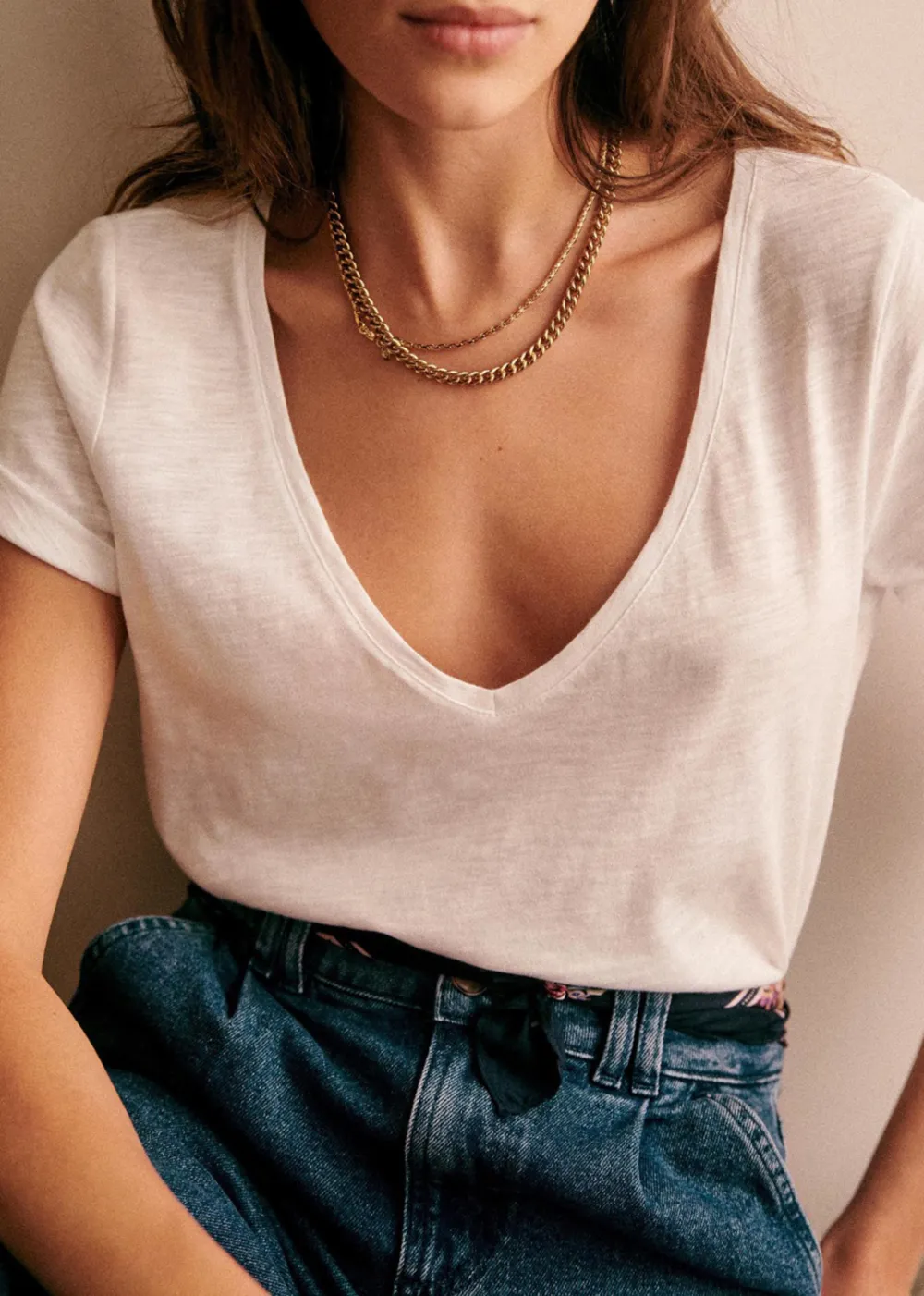 Short Cotton Solid Color V-neck T-shirt