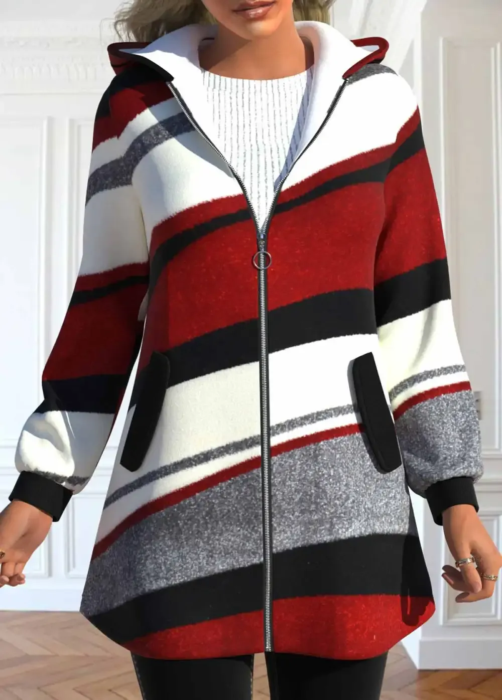 Wine Red Pocket Geometric Print Long Sleeve Hooded Coat