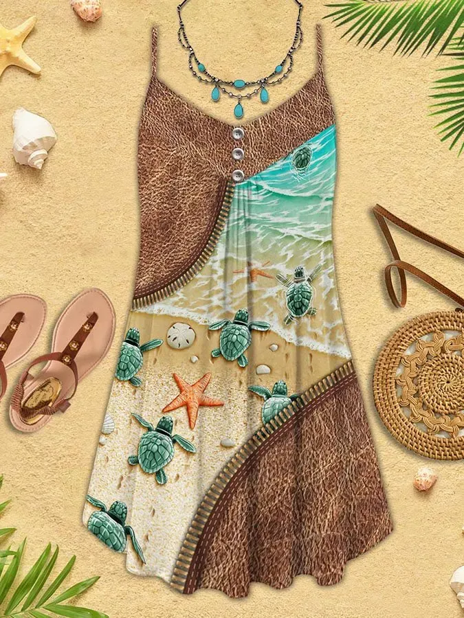 Sea Turtle Zipper Print Spaghetti Strap Dress