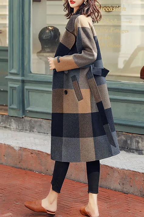 Colorblock Faux Woolen Long Coat