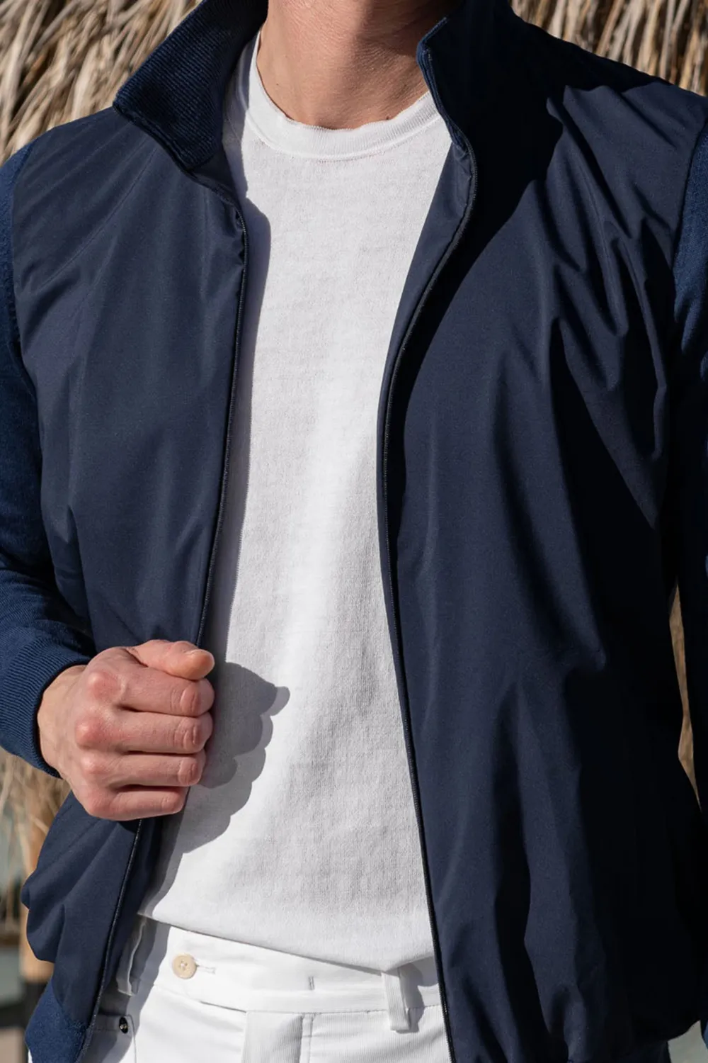 Blue Knit & Nylon Bomber Jacket