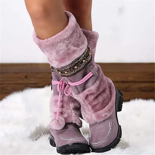 Women's Boots Snow Boots Plus Size Outdoor Daily Fleece Lined Knee High Boots Winter Bowknot Pom-pom Chunky Heel Round Toe Casual Industrial Style PU Lace-up Black Purple Brown