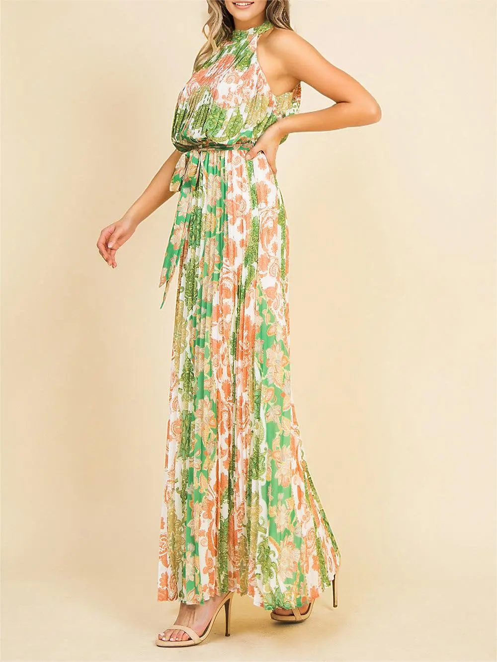 Green and Orange Pleated Maxi Dress