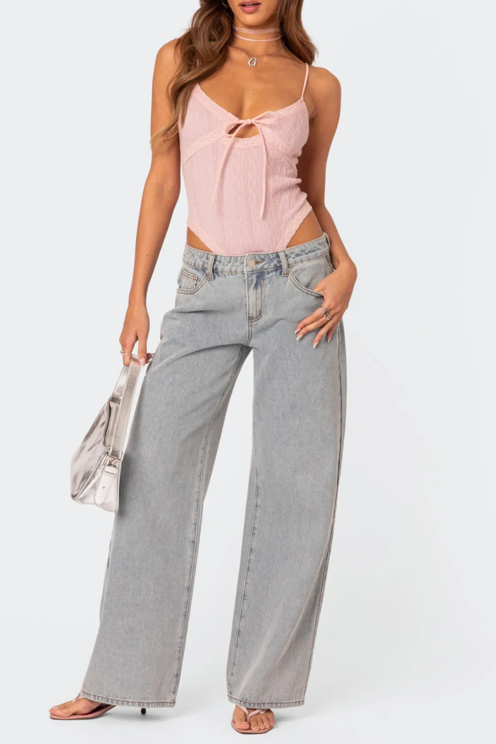 Navy Lacey Knit Cut Out Bodysuit