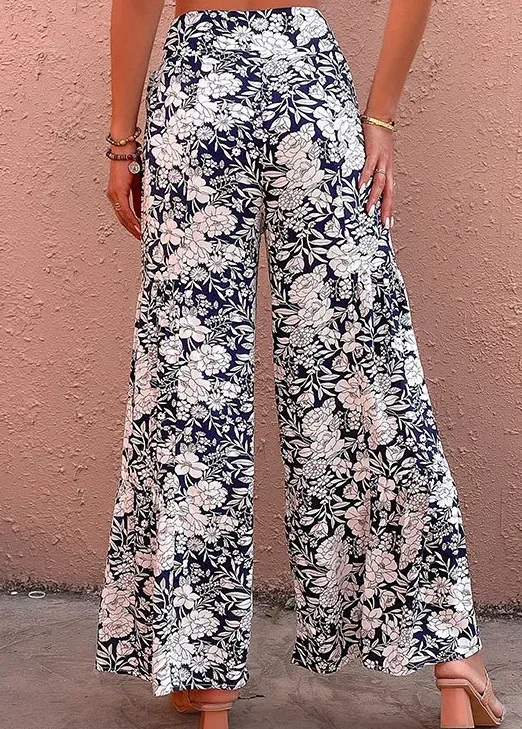 Navy Bowknot Floral Print Elastic Waist Pants