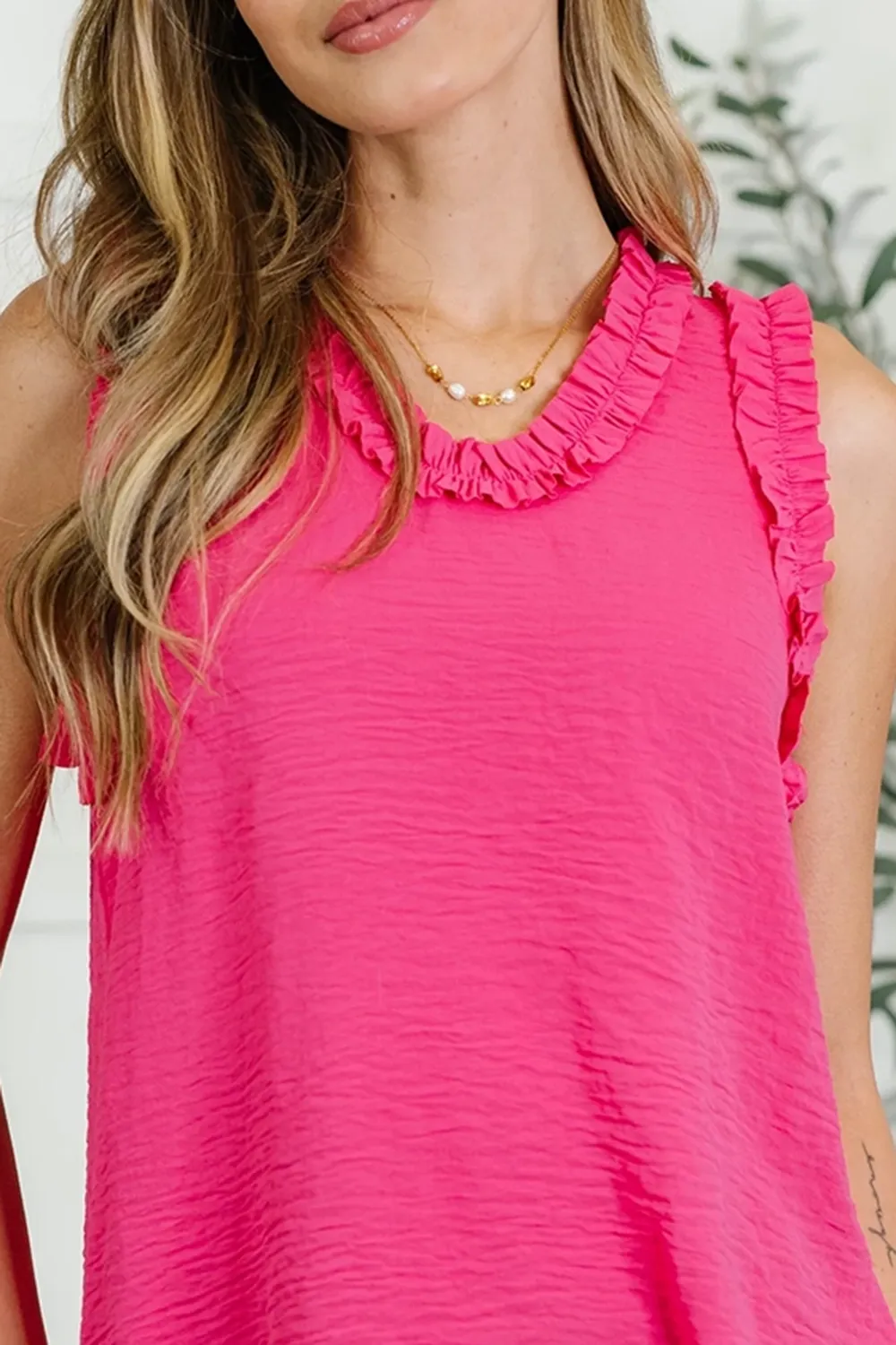 Versatile Pleated Lace Rose Red Tank Tops