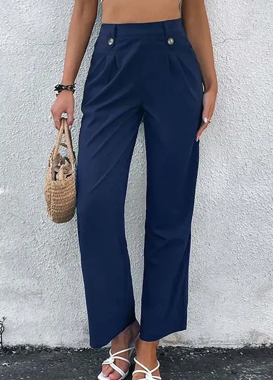 Navy Button Elastic Waist High Waisted Pants