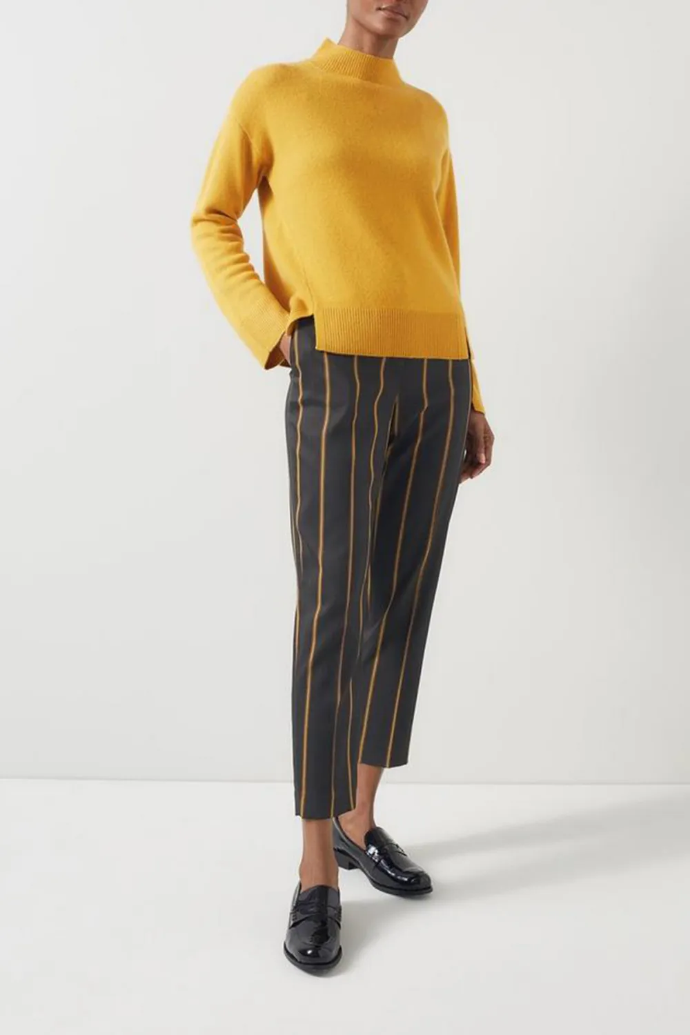 Grey Yellow Striped Cropped Trousers