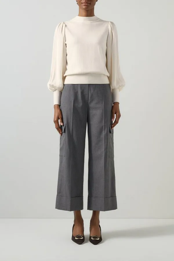 White Puff Sleeve Mock Neck Knit Sweater