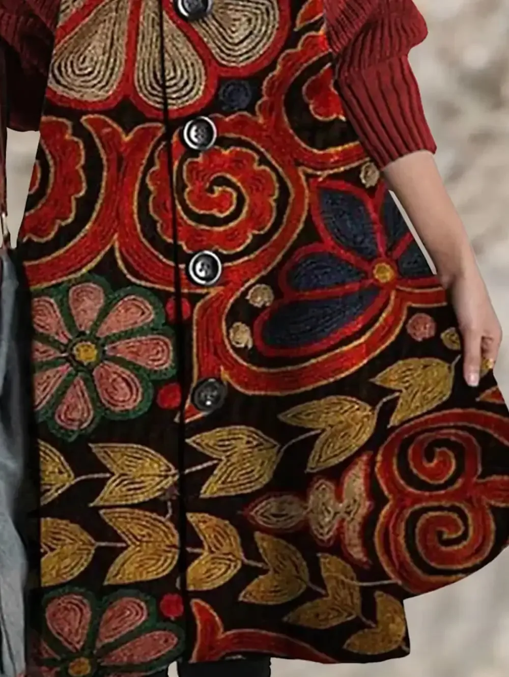 Ursime Turtleneck Rib-knit Raglan Sleeve Floral Panel Dress