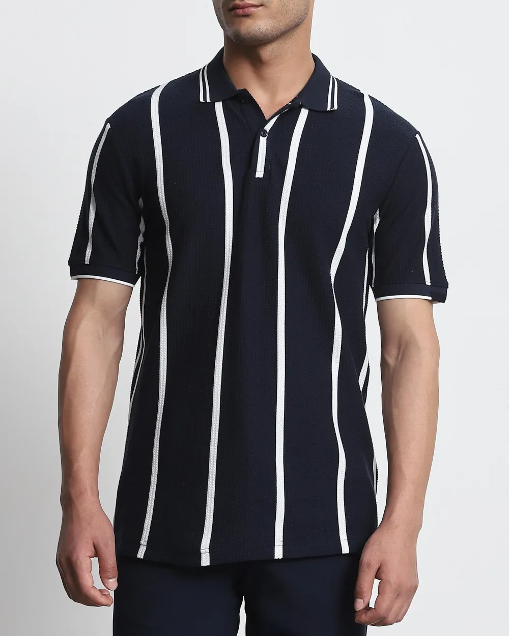 Daily Simple And Slimming Navy Striped Polo Shirt