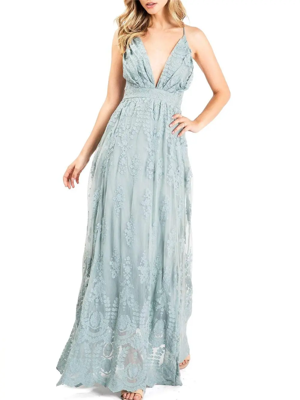 Light Blue Lace V - Neck Maxi Dress