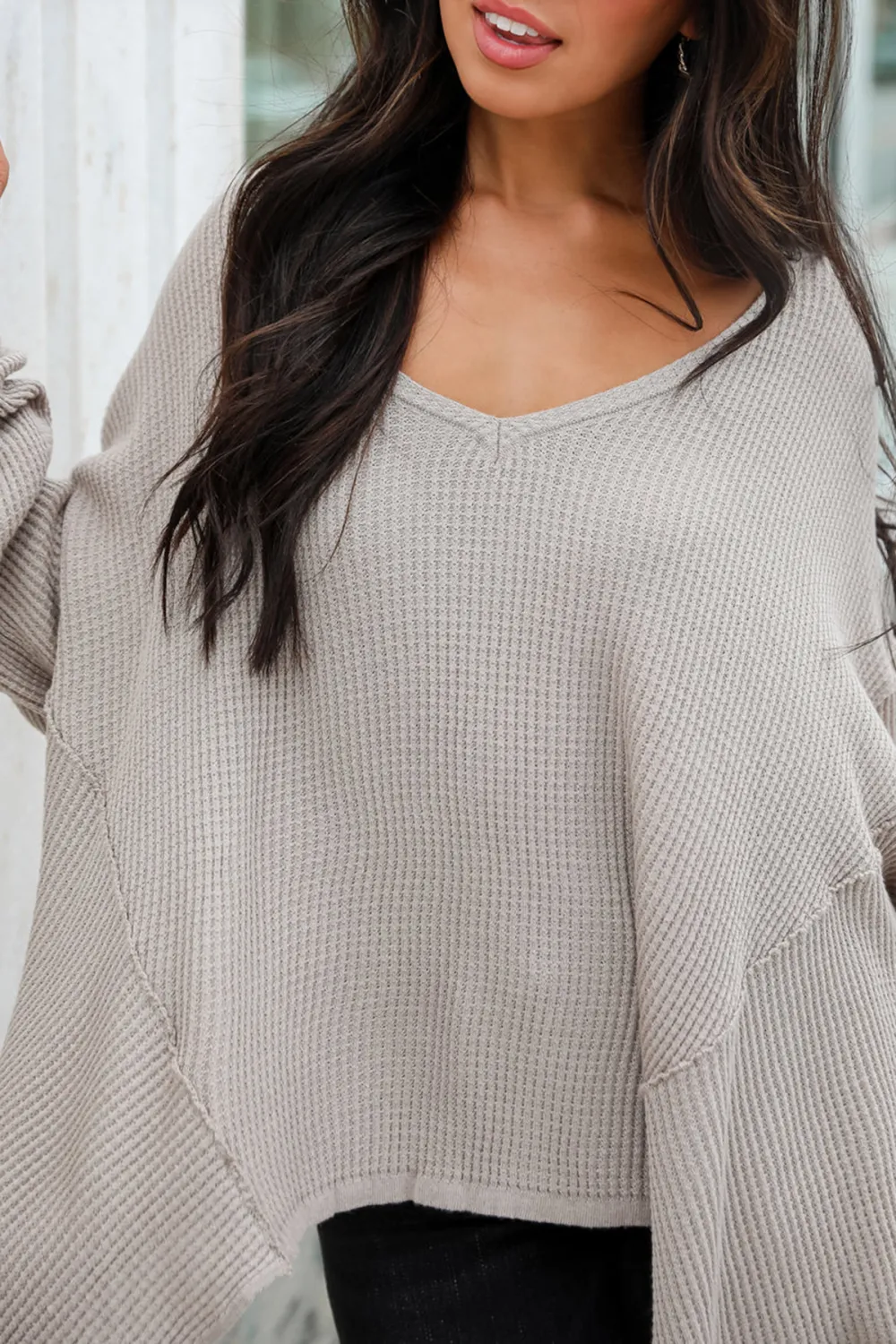Sweetest Composure Taupe Oversized Waffle Knit Top