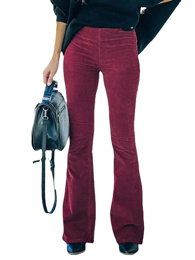 Women's Dress Pants Bootcut Pants Trousers Full Length Corduroy Micro-elastic Medium Waist Fashion Casual Weekend claret Black S M