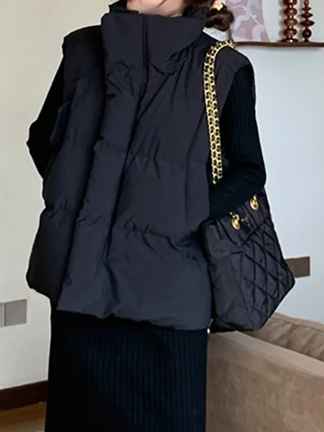 Women's Puffer Vest Long Sleeveless Parka Warm Heated Quilted Gilet Winter Coat Zipper Stand Collar Jacket with Pocket Outerwear Black White S M L XL