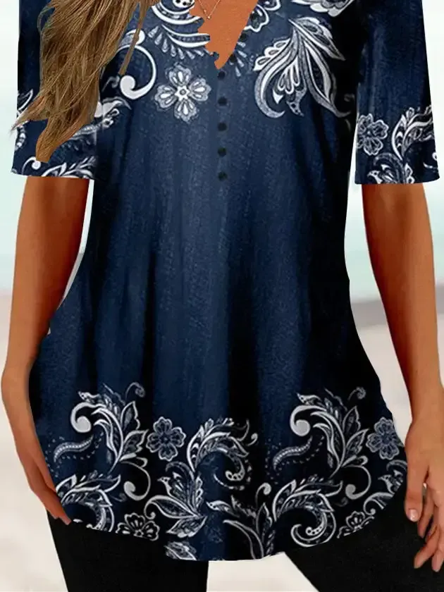 Women Half Sleeve V-neck Floral Printed Tops