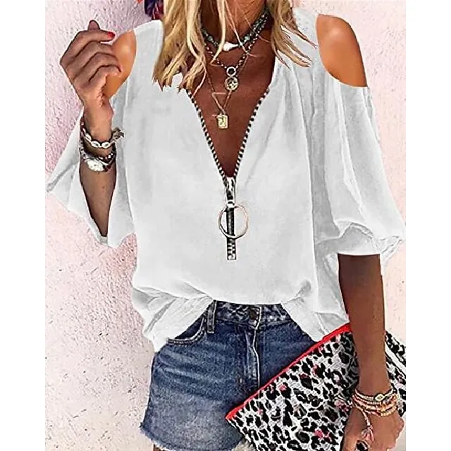 Blouse Women's Solid / Plain Color Hollow Out Zipper Off Shoulder Daily Going out Modern S