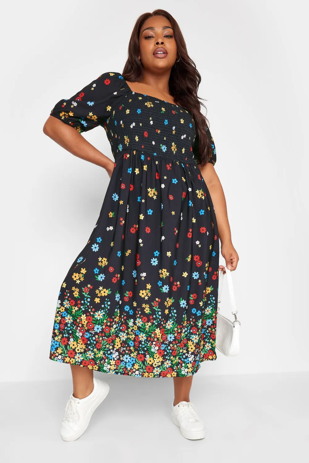 YOURS Curve Black Floral Print Shirred Midi Dress