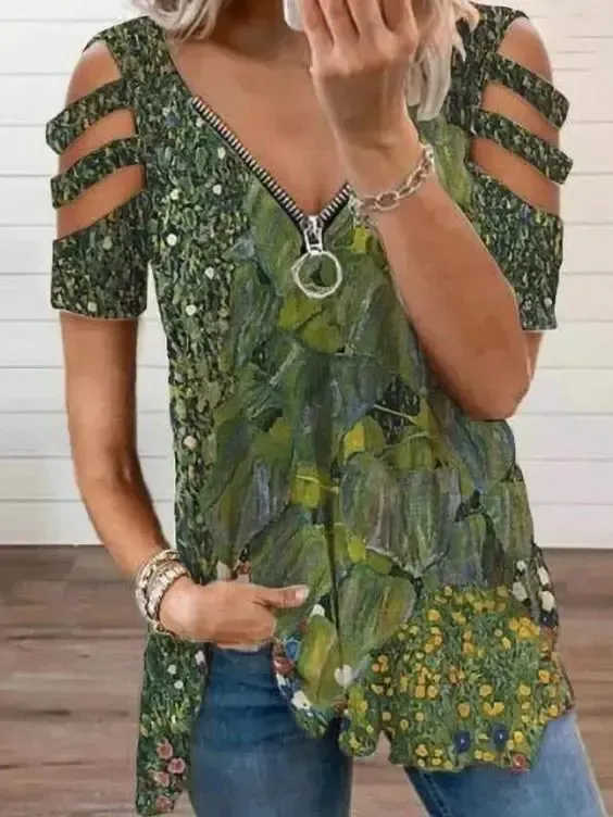 Women Short Sleeve V-neck Floral Printed Geometric Top