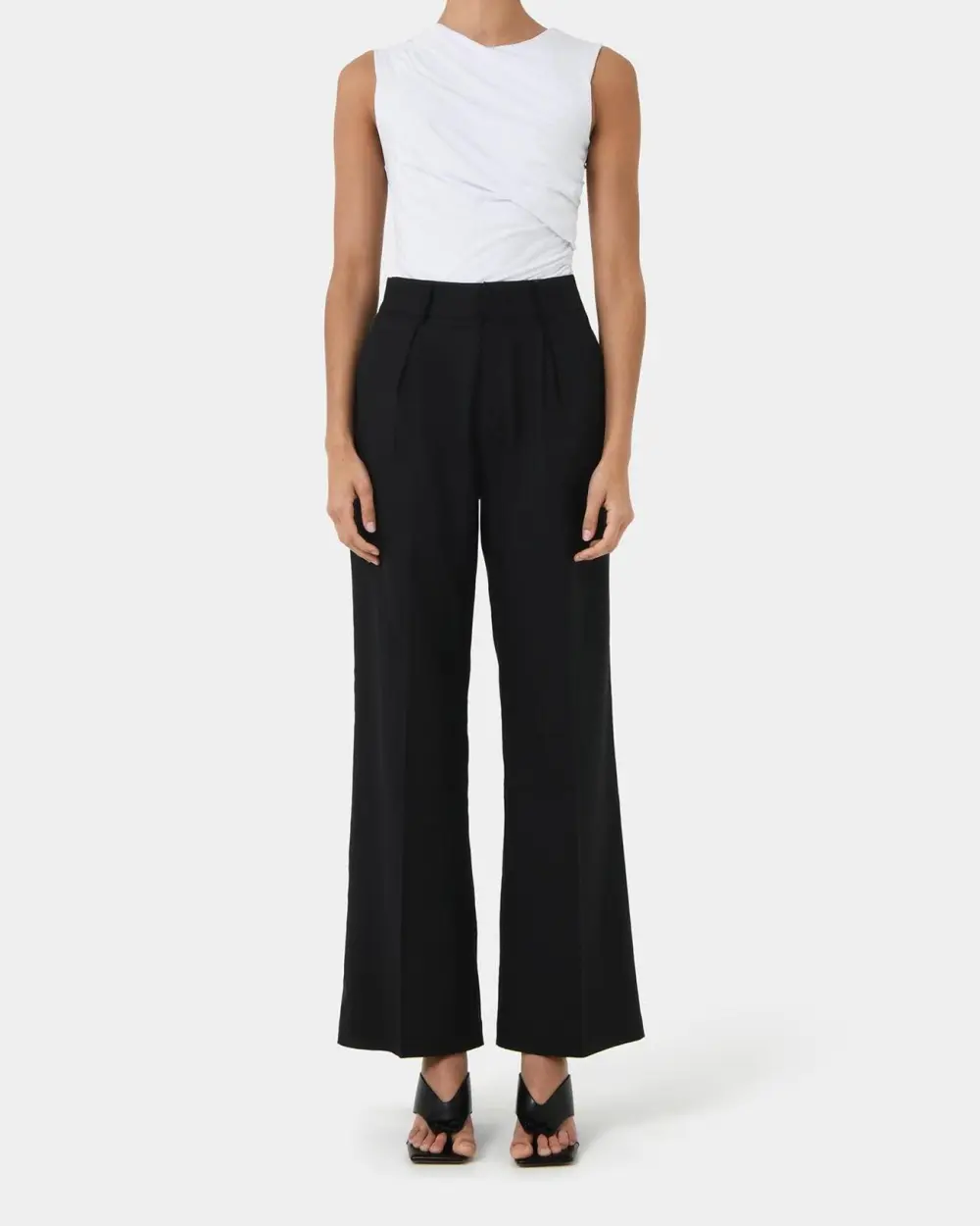 High Waisted Design Linen Tailored Pants -Black