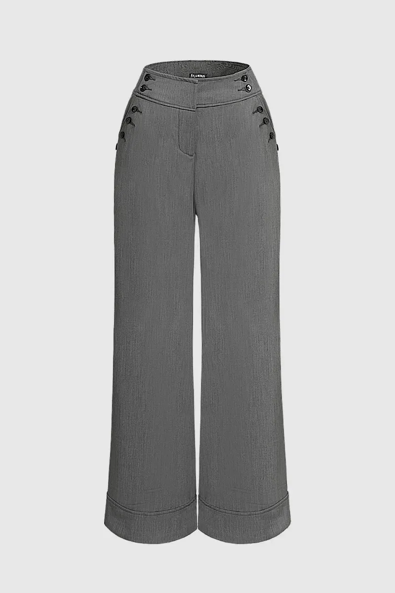 Solid Button Decor Mid Waist Wide Leg Pants