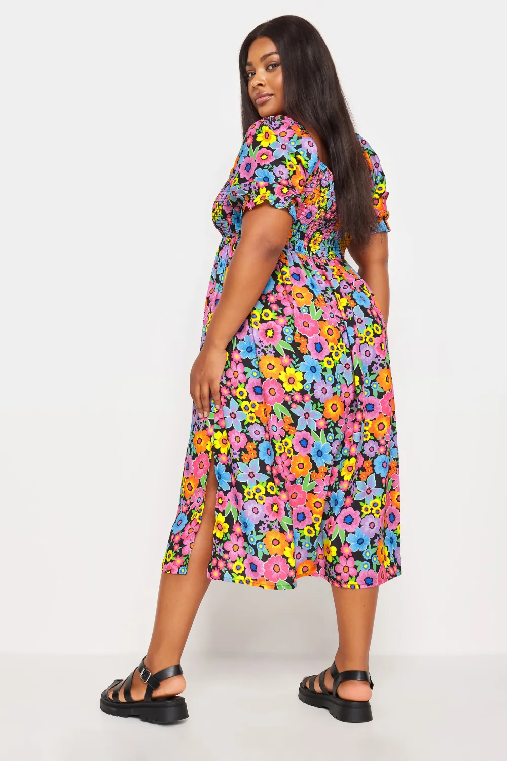 YOURS Curve Black Floral Print Shirred Midi Dress